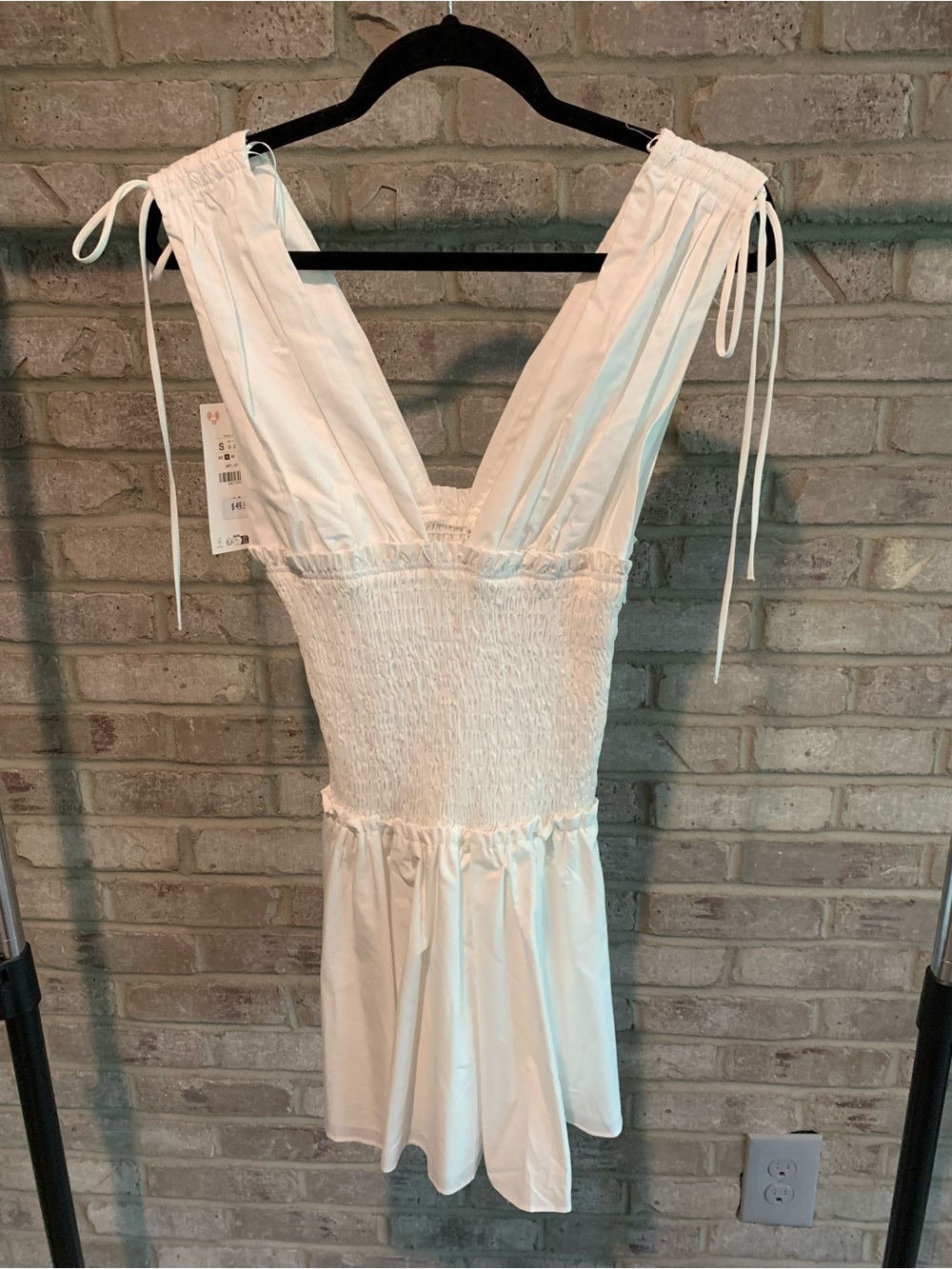 Zara White Mini Dress with Smocked Waist and Tie Shoulders